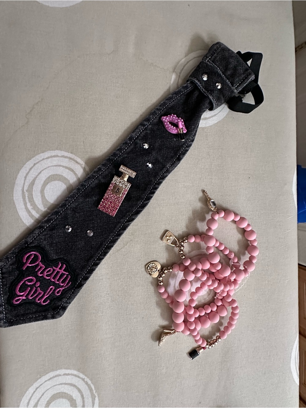 Pretty Girl Kids Pink Beaded Bracelet Set & Black Denim Hair Accessory
